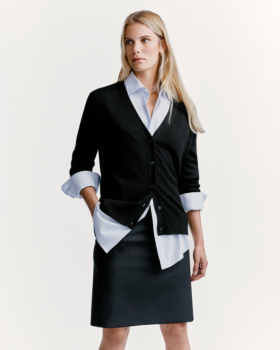 black cardigan and pencil skirt